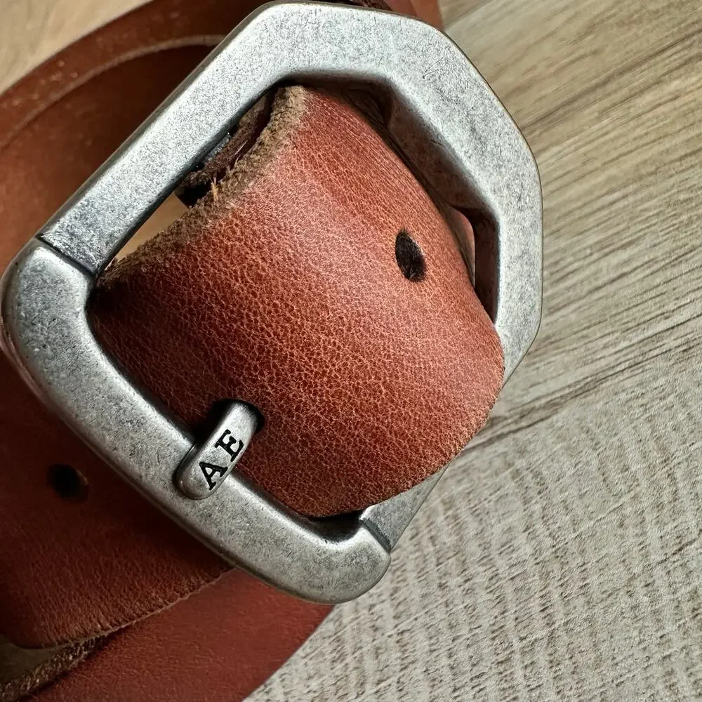 American Eagle Vintage Y2K Brown Leather Belt Silver Logo 32